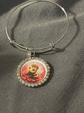 Silver Bee Charm Bangle Bracelet with Red Accent